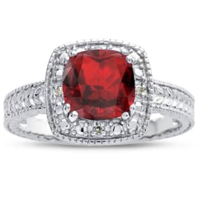 Garnet Ring: 1 1/4 Carat Cushion Cut Garnet and Halo Diamond Ring In Sterling Silver