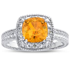 Citrine Ring: 1 1/4 Carat Cushion Cut Citrine and Halo Diamond Ring In Sterling Silver