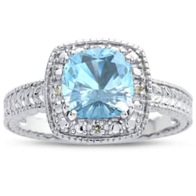 1 1/4 Carat Cushion Cut Aquamarine and Halo Diamond Ring In Sterling Silver