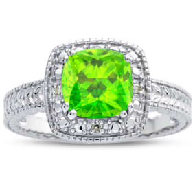 Peridot Ring: 1 1/4 Carat Cushion Cut Peridot and Halo Diamond Ring In Sterling Silver