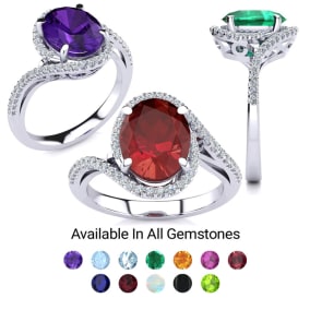 2 3/4 Carat Oval Shape Gemstone and Halo Diamond Ring In Sterling Silver