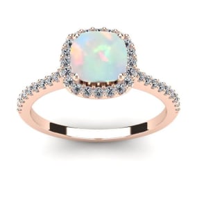 1 1/2 Carat Cushion Cut Created Opal and Halo Diamond Ring In 14K Rose Gold