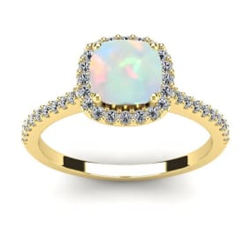 1 1/2 Carat Cushion Cut Created Opal and Halo Diamond Ring In 14K Yellow Gold