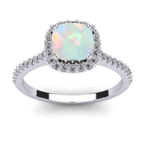 1 1/2 Carat Cushion Cut Created Opal and Halo Diamond Ring In 14K White Gold