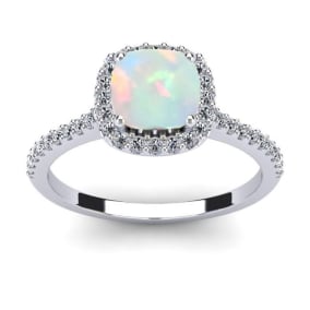 1 1/2 Carat Cushion Cut Created Opal and Halo Diamond Ring In 14K White Gold