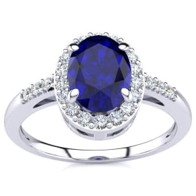 Sapphire Ring: 1 Carat Oval Shape Created Sapphire and Halo Diamond Ring In Sterling Silver