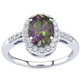 1 Carat Oval Shape Mystic Topaz and Halo Diamond Ring In Sterling Silver