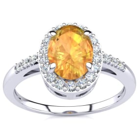 1 Carat Oval Shape Citrine and Halo Diamond Ring In Sterling Silver