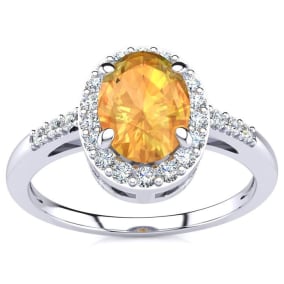 Citrine Ring: 1 Carat Oval Shape Citrine and Halo Diamond Ring In Sterling Silver