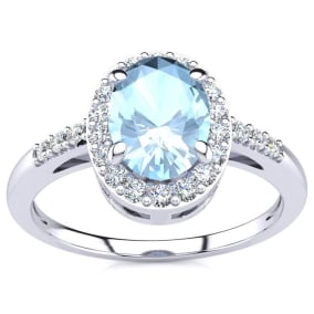 Aquamarine Ring: 1 Carat Oval Shape Aquamarine and Halo Diamond Ring In Sterling Silver