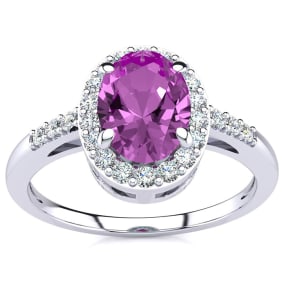 Pink Sapphire Ring: 1 Carat Oval Shape Created Pink Sapphire and Halo Diamond Ring In Sterling Silver