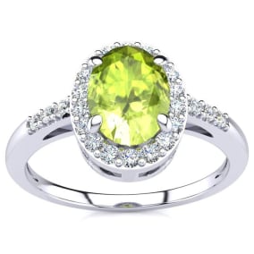 Peridot Ring: 1 Carat Oval Shape Peridot and Halo Diamond Ring In Sterling Silver