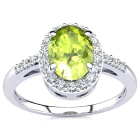 1 Carat Oval Shape Peridot and Halo Diamond Ring In Sterling Silver