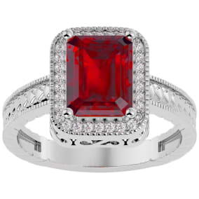 2 3/4 Carat Emerald Shape Created Ruby and Diamond Ring In Sterling Silver