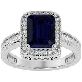 2 3/4 Carat Emerald Shape Created Sapphire and Diamond Ring In Sterling Silver
