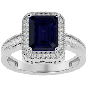 Sapphire Ring: 2 3/4 Carat Emerald Shape Created Sapphire and Diamond Ring In Sterling Silver