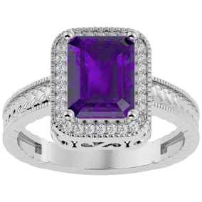 Amethyst Ring: 2 3/4 Carat Emerald Shape Amethyst and Diamond Ring In Sterling Silver