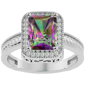 Mystic Topaz Ring: 2 3/4 Carat Emerald Shape Mystic Topaz and Diamond Ring In Sterling Silver