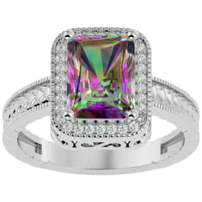 2 3/4 Carat Emerald Shape Mystic Topaz and Diamond Ring In Sterling Silver