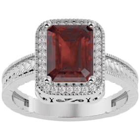 2 3/4 Carat Emerald Shape Garnet and Diamond Ring In Sterling Silver