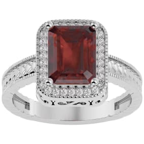 Garnet Ring: 2 3/4 Carat Emerald Shape Garnet and Diamond Ring In Sterling Silver