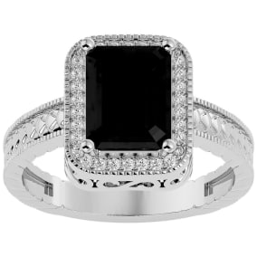 2 3/4 Carat Emerald Shape Black Onyx and Diamond Ring In Sterling Silver