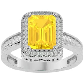 2 3/4 Carat Emerald Shape Citrine and Diamond Ring In Sterling Silver