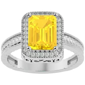 Citrine Ring: 2 3/4 Carat Emerald Shape Citrine and Diamond Ring In Sterling Silver