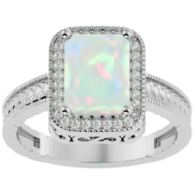 Opal Ring: 2 3/4 Carat Emerald Shape Created Opal and Diamond Ring In Sterling Silver