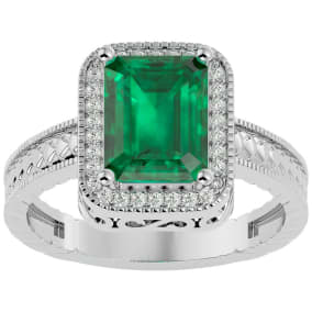 2 3/4 Carat Emerald Shape Created Emerald and Diamond Ring In Sterling Silver