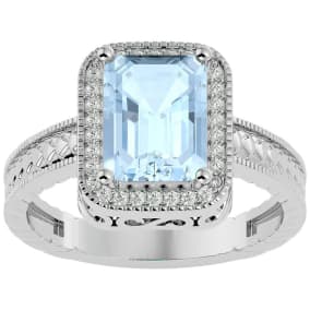 Aquamarine Ring: 2 3/4 Carat Emerald Shape Aquamarine and Diamond Ring In Sterling Silver