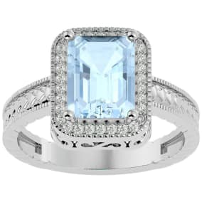 2 3/4 Carat Emerald Shape Aquamarine and Diamond Ring In Sterling Silver