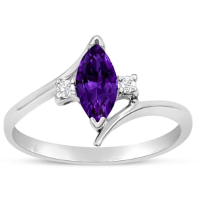 Amethyst Ring: 1/2 Carat Marquise Shape Amethyst and Diamond Ring In Sterling Silver