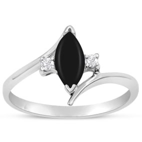 1/2 Carat Marquise Shape Black Onyx and Diamond Ring In Sterling Silver
