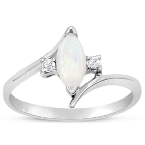 Opal Ring: 1/2 Carat Marquise Shape Created Opal and Diamond Ring In Sterling Silver