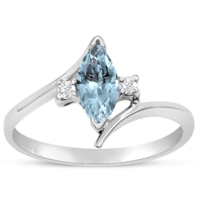 Aquamarine Ring: 1/2 Carat Marquise Shape Aquamarine and Diamond Ring In Sterling Silver