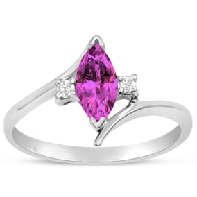 Pink Sapphire Ring: 1/2 Carat Marquise Shape Created Pink Sapphire and Diamond Ring In Sterling Silver