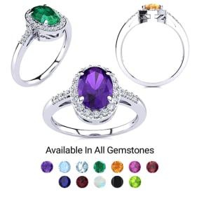 1 Carat Oval Shape Created Gemstone and  Halo Diamond Ring In Sterling Silver