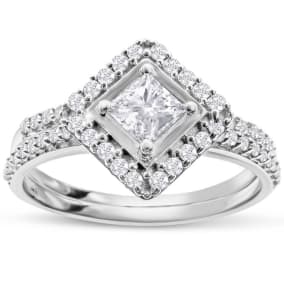Estate Jewelry 1 Carat Princess Cut Halo Diamond Bridal Set In 14K White Gold, Size 4.5