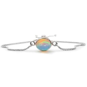 Opal Bracelet In Sterling Silver With Bolo Chain, Adjustable 6-9 Inches
