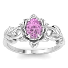 Retrograde Birthstones™ 1 Carat Oval Shape Pink Topaz Ornate Ring In 14K White Gold