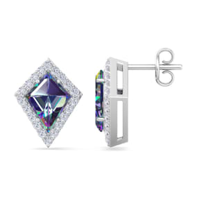 Retrograde Birthstones™ 2 1/5 Carat Kite Shape Mystic Topaz and Diamond Earrings In 14K White Gold