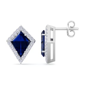 Retrograde Birthstones™ 2 1/5 Carat Kite Shape Sapphire and Diamond Earrings In 14K White Gold
