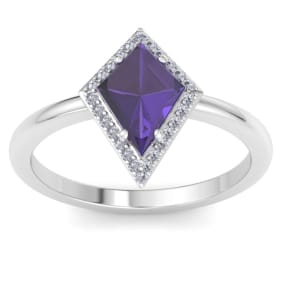 Retrograde Birthstones™ 1 3/4 Carat Kite Shape Amethyst and Diamond Ring In 14K White Gold