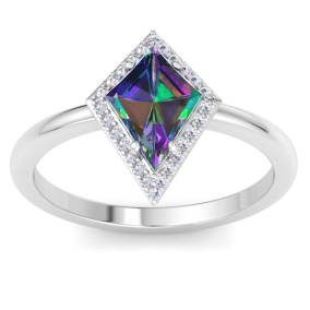 Retrograde Birthstones™ 1-3/4 Carat Kite Shape Mystic Topaz ring With Diamond Halo In 14 Karat White Gold