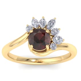 Retrograde Birthstones™ 1 1/4 Carat Garnet and Marquise Crown Halo Diamond Ring In 14K Yellow Gold