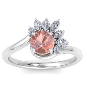 Retrograde Birthstones™ 1-1/4 Carat Morganite and Marquise Crown Halo Diamond Ring In 14K White Gold