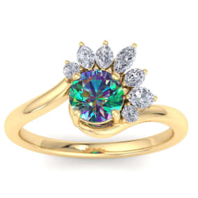 Retrograde Birthstones™ 1-1/4 Carat Round Shape Mystic Topaz Ring With Marquise Crown In 14 Karat Yellow Gold