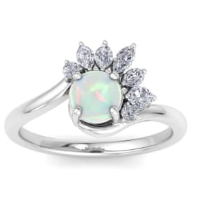 Retrograde Birthstones™ 1-1/4 Carat Opal Ring with Marquise Diamond Crown Halo In 14K White Gold