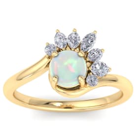 Retrograde Birthstones™ 1-1/4 Carat Opal Ring with Marquise Diamond Crown Halo In 14K Yellow Gold